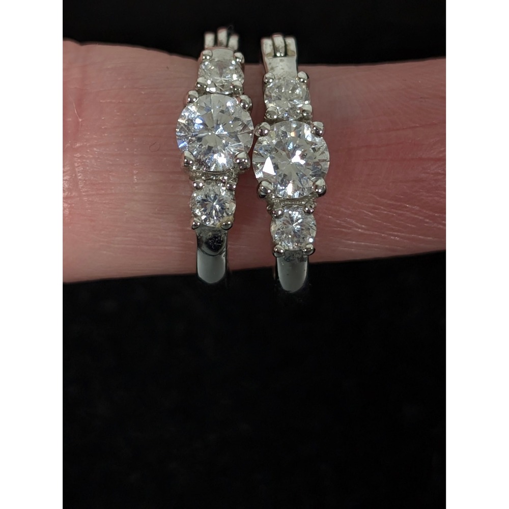 Ross Simons 925 Sterling Silver CZ Three Stone Hoop Earrings Sparkle